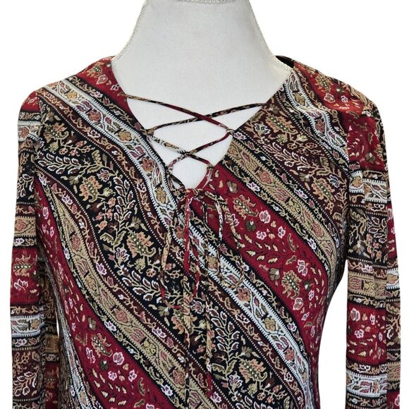 Y2K Womens 8 Dark Floral Midi Dress Dark‎ Red Tan Laceup Whimsigoth Boho Chiffon - Picture 2 of 11